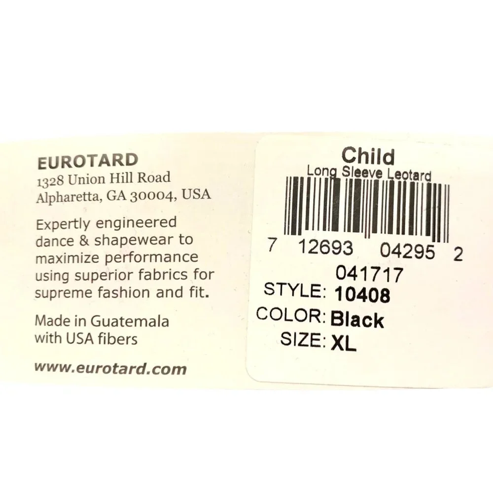 Eurotard Long Sleeve Leotard Black Bodysuit Child Size XL Lined Front Scoop Neck
